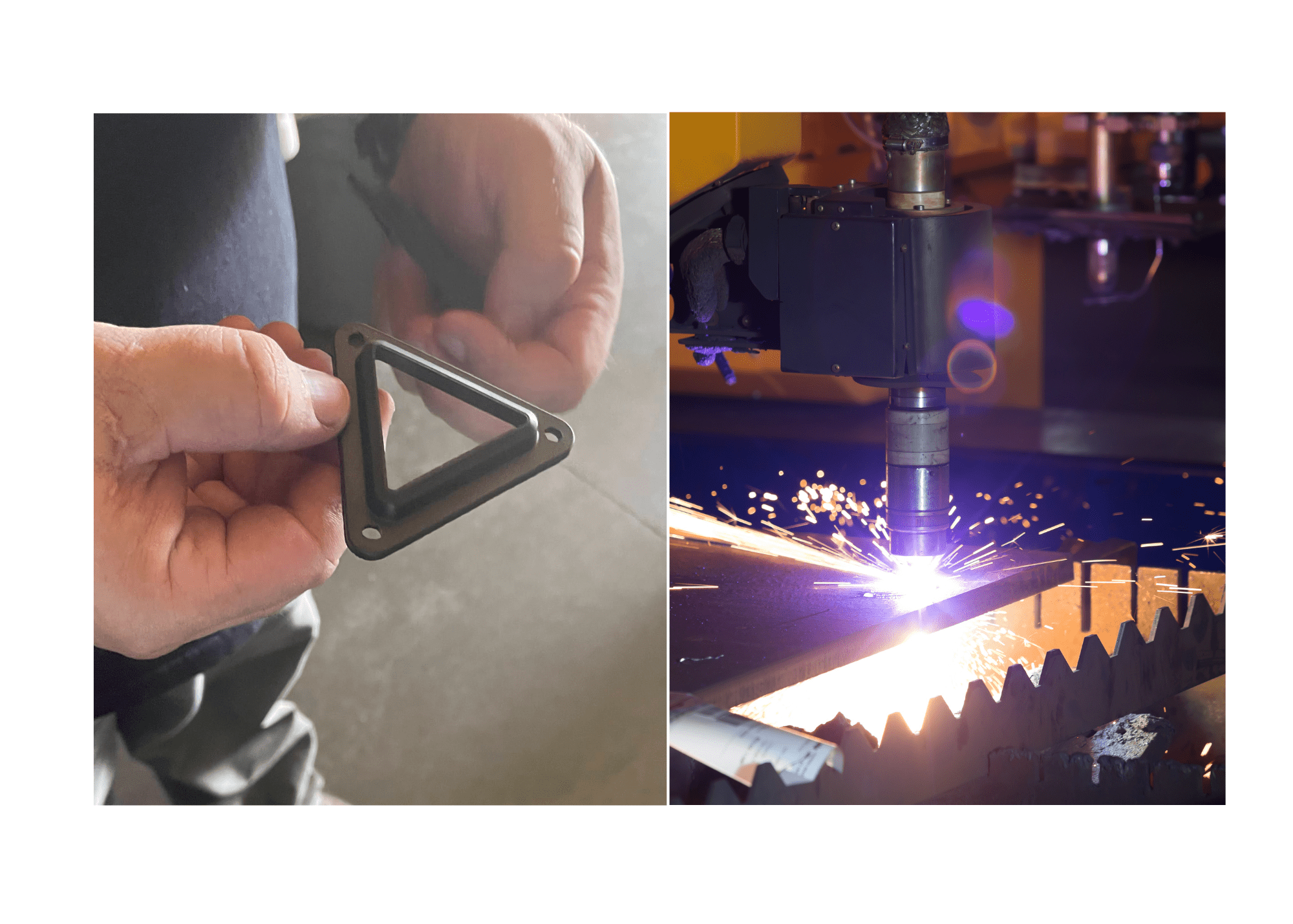 Hands holding a custom rubber molded part and plasma cutting machine in action at Commonwealth Manufacturing and Development, Inc Ivanhoe, VA